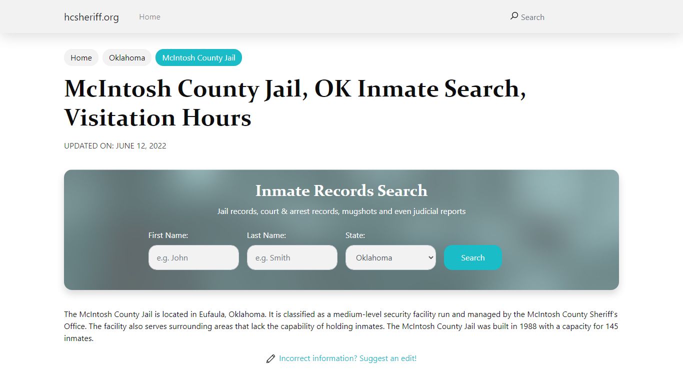 McIntosh County Jail, OK Inmate Search, Visitation Hours