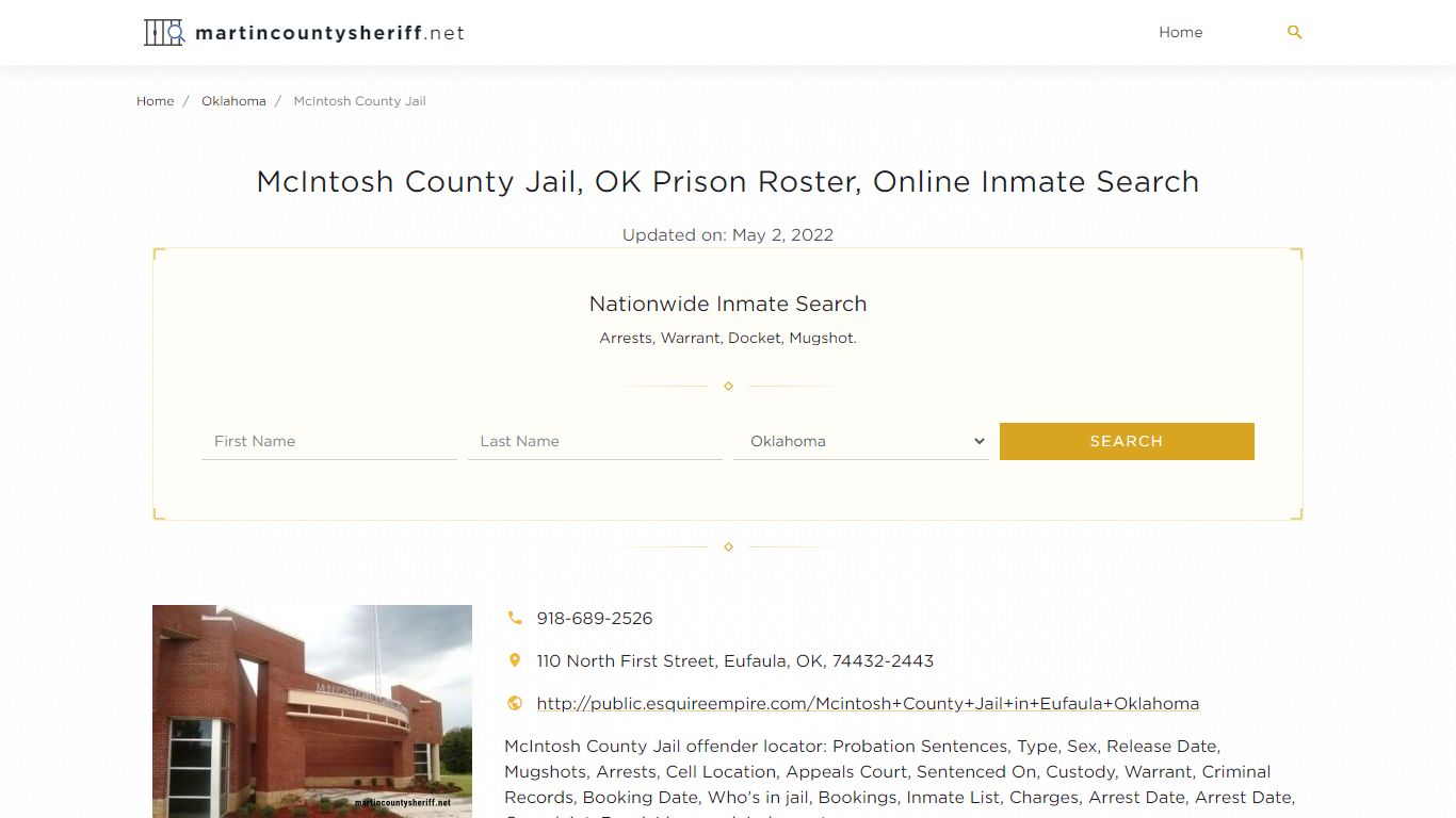 McIntosh County Jail, OK Prison Roster, Online Inmate Search